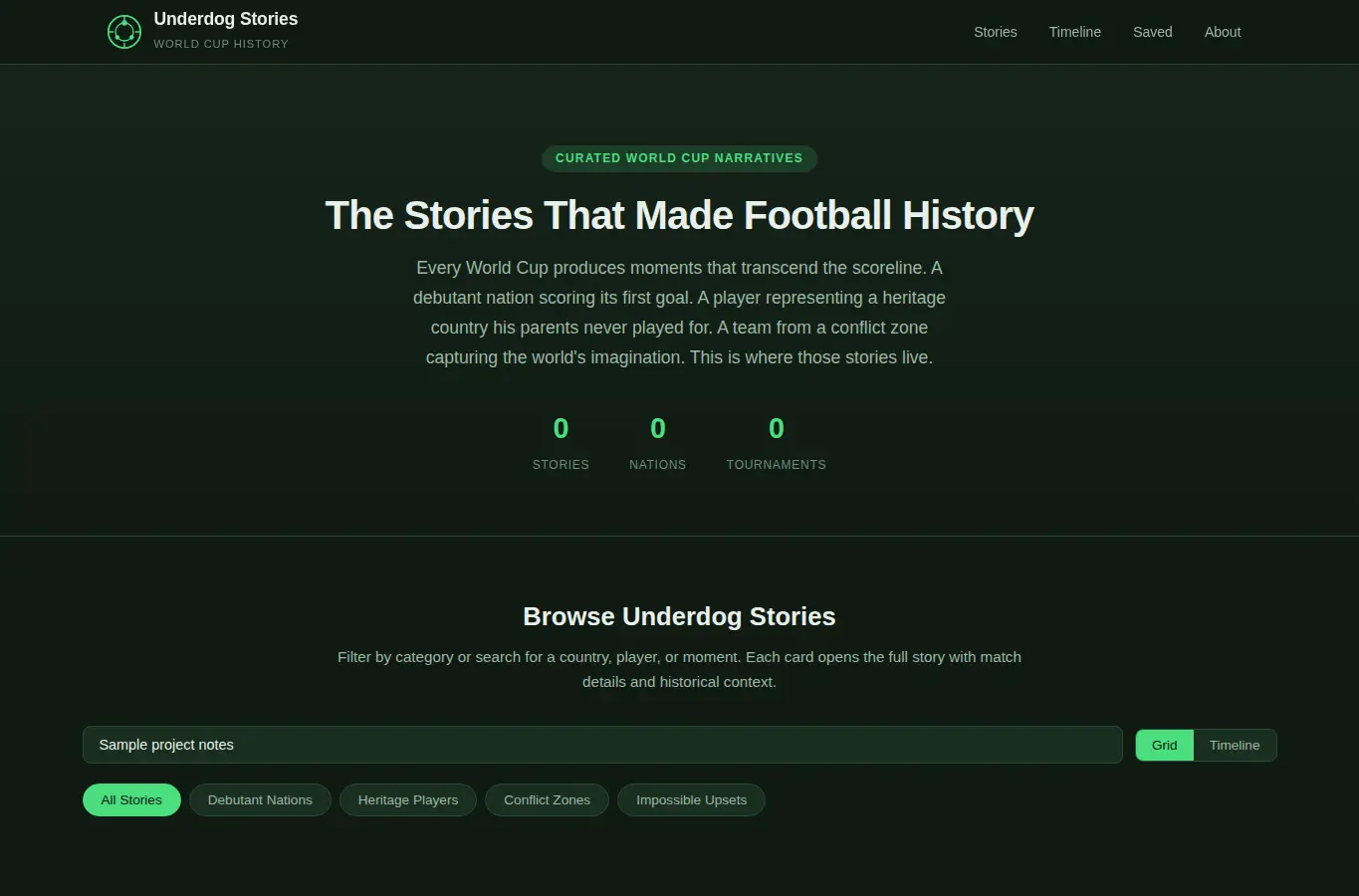 Screenshot of World Cup Underdog Story Tracker interface showing the project page in use